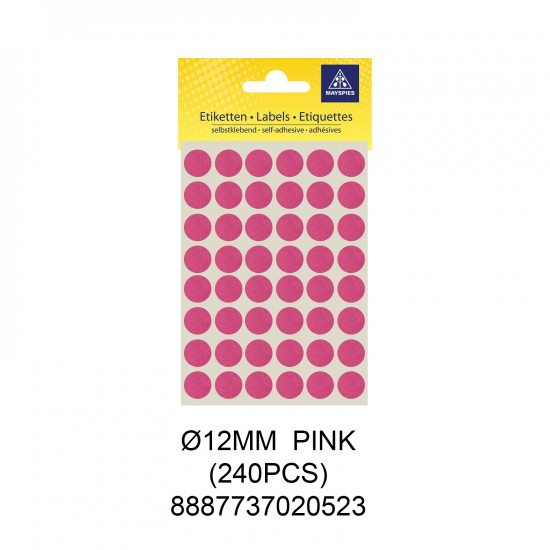 MAYSPIES MS012 COLOUR DOT LABEL / 5 SHEETS/PKT / 240PCS / ROUND 12MM PINK